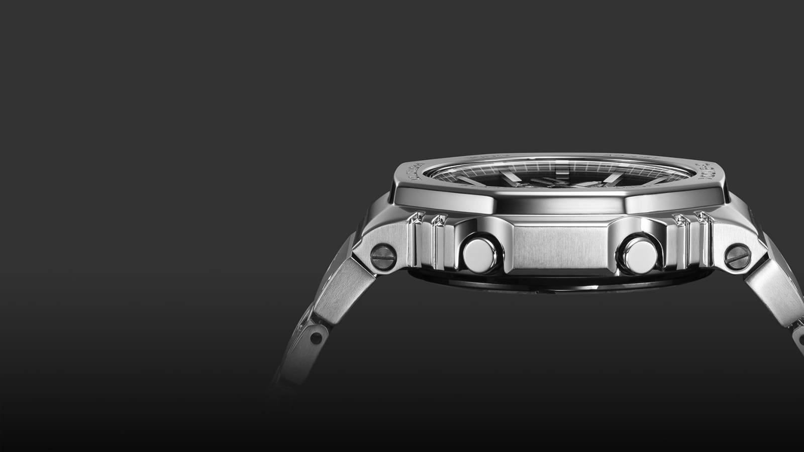 Profile view of the Casio G-SHOCK GMB2100 men’s silver metal watch denoting its slim form