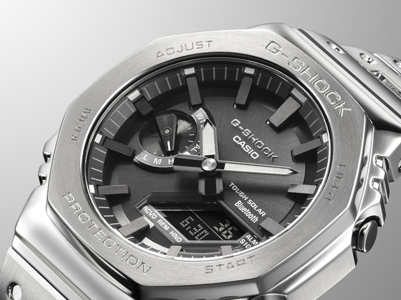 Angled view of the Casio G-SHOCK GMB2100 men’s silver metal watch denoting style
