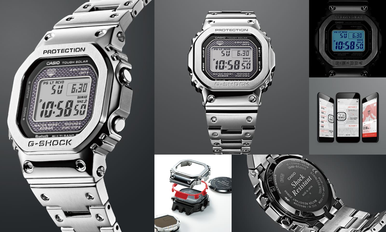 Montage of six watch images denoting style and durable structure of the men’s silver watch G-SHOCK GMWB5000 series