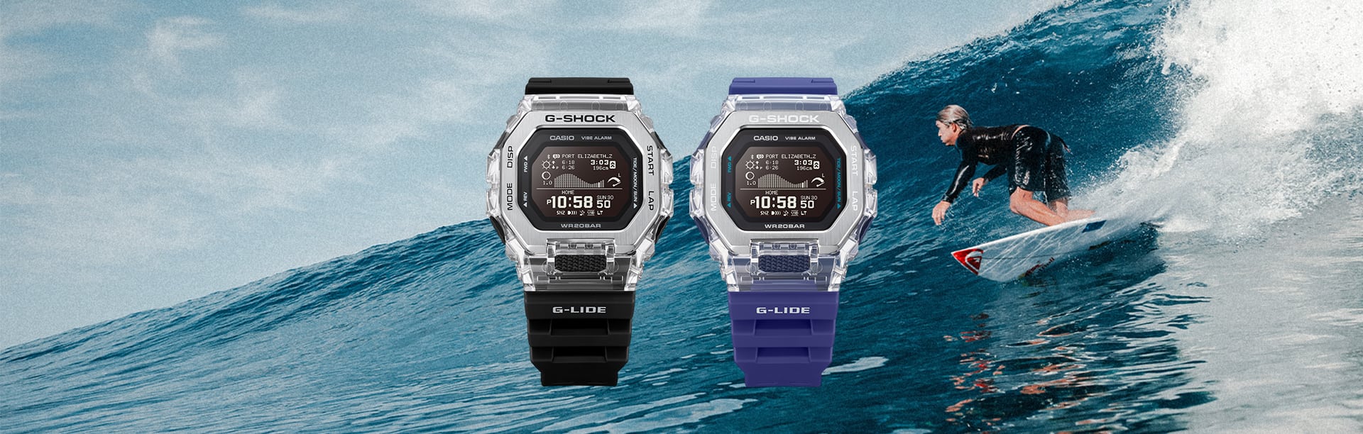 G-SHOCK G-LIDE surf watches GBX100 and GLXS5600 on a surf themed background with surfboard, and starfish
