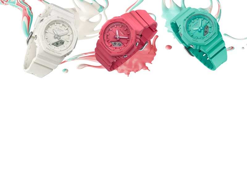 G-SHOCK GMA-P2100 Tone on tone series, GMAP2100-2A, GMAP2100-4A, and GMAP2100-7A analog digital watches