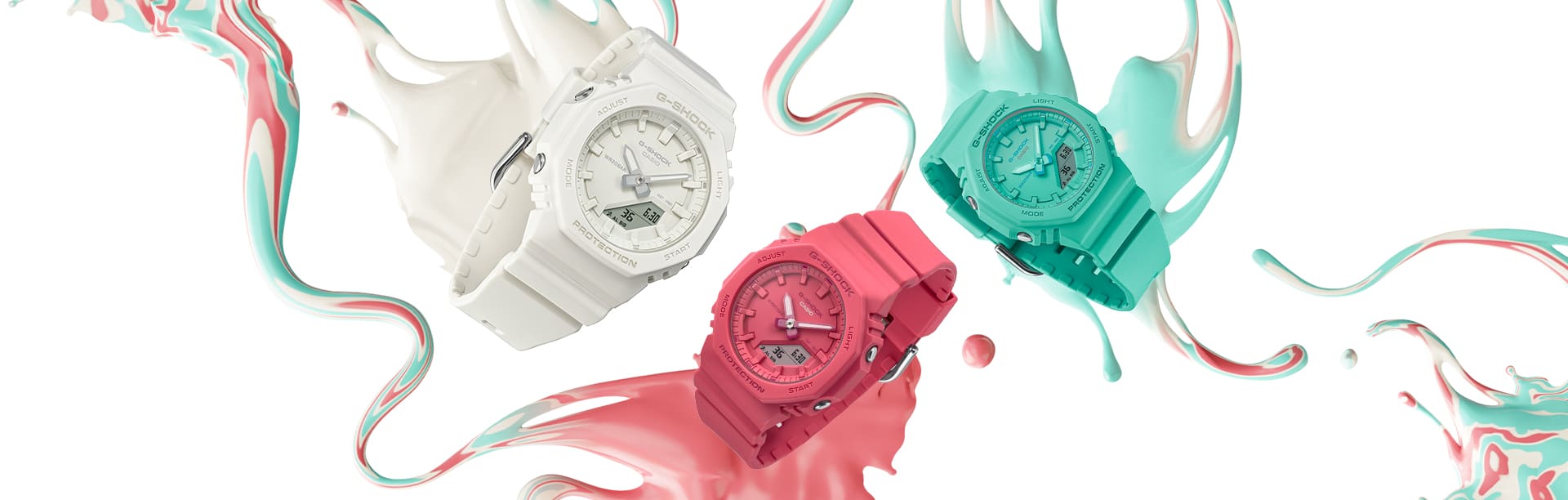 G-SHOCK GMA-P2100 Tone on tone series, GMAP2100-2A, GMAP2100-4A, and GMAP2100-7A analog digital watches