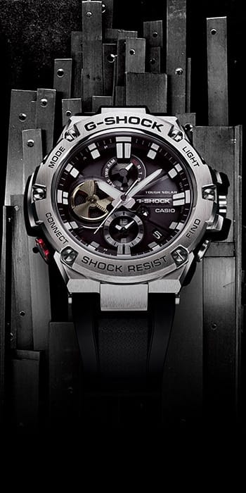 G-SHOCK GSTB100-1A denoting G-SHOCK watches with Bluetooth® + Tough Solar