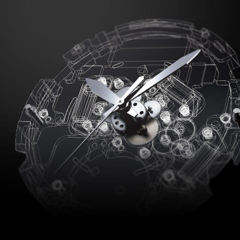 The inner workings of the movement of a G-SHOCK watch denoting Tough MVT. watch technology
