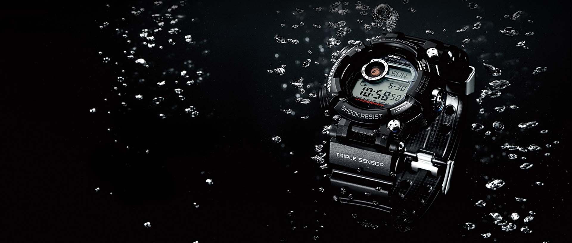 G-SHOCK Frogman GWF-D1000-1 underwater denoting ISO standard 200m water resistance for diving.