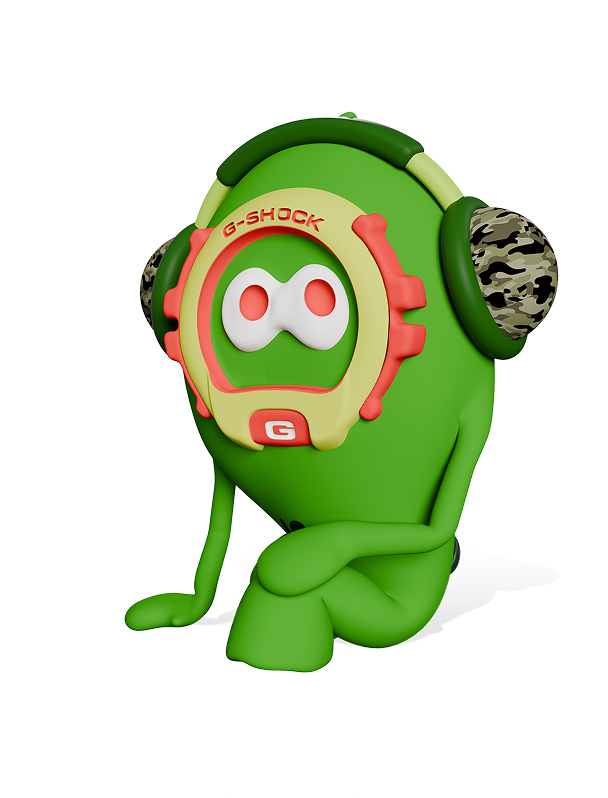 Front view of the green color character 'Rock,' inspired by the BOLD CAMO SERIES CAMO AND GOLD.
