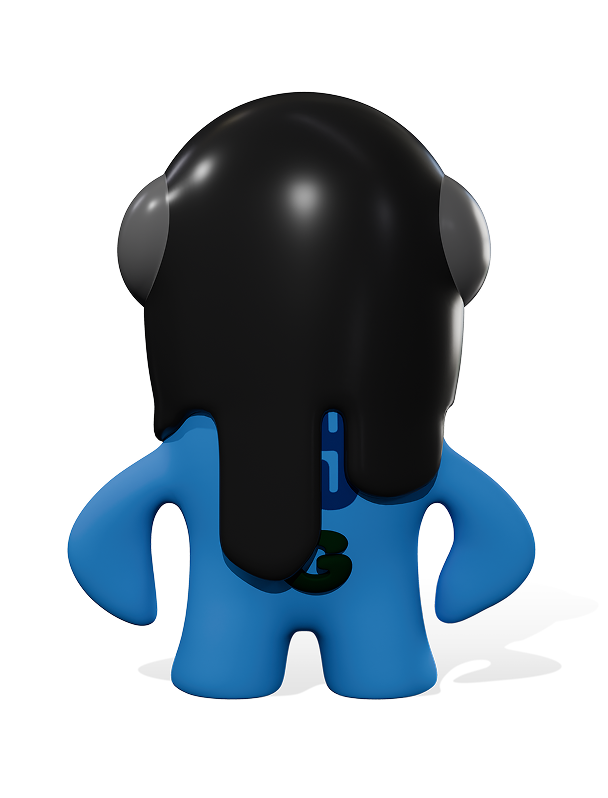 Back view of the blue character 'Duno,' inspired by the LUXE BLACK.