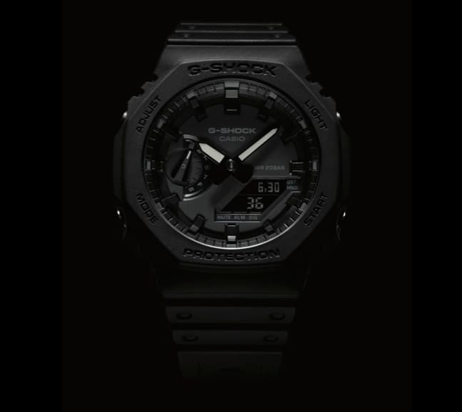G-SHOCK GA2100-1A1 mil-spec watch close up of watch face.