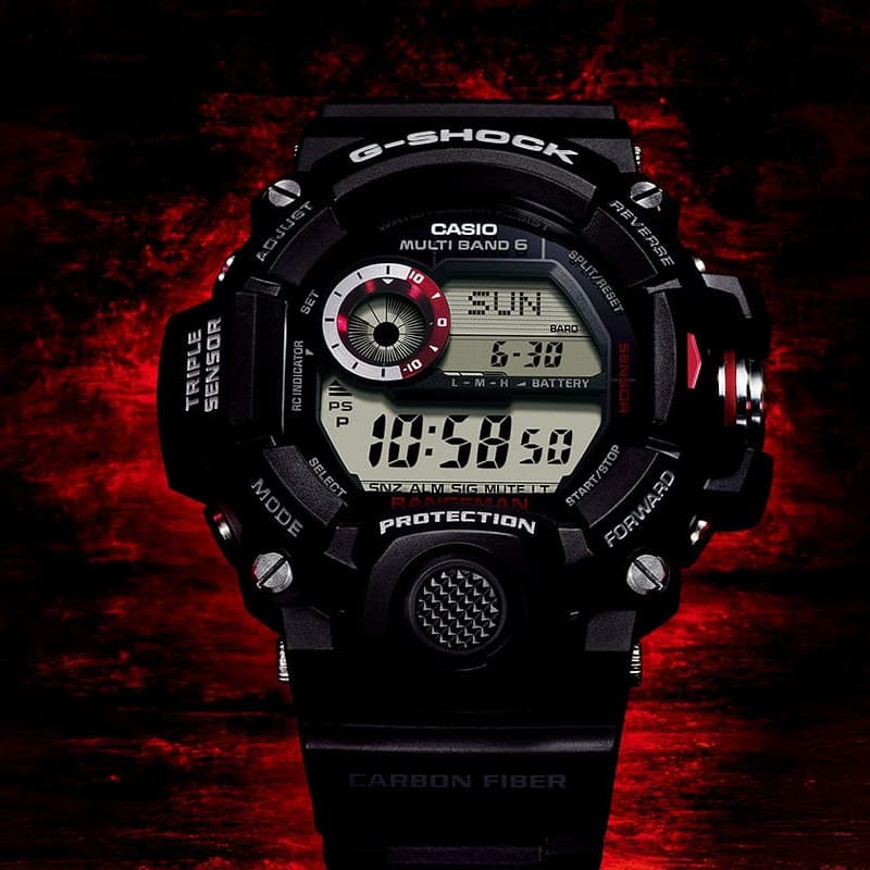 G-SHOCK Rangeman GW9400-1 mil-spec watch with red aura denoting style.