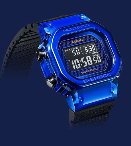 Angled view of the blue MR-G watch showing the case, face and band.