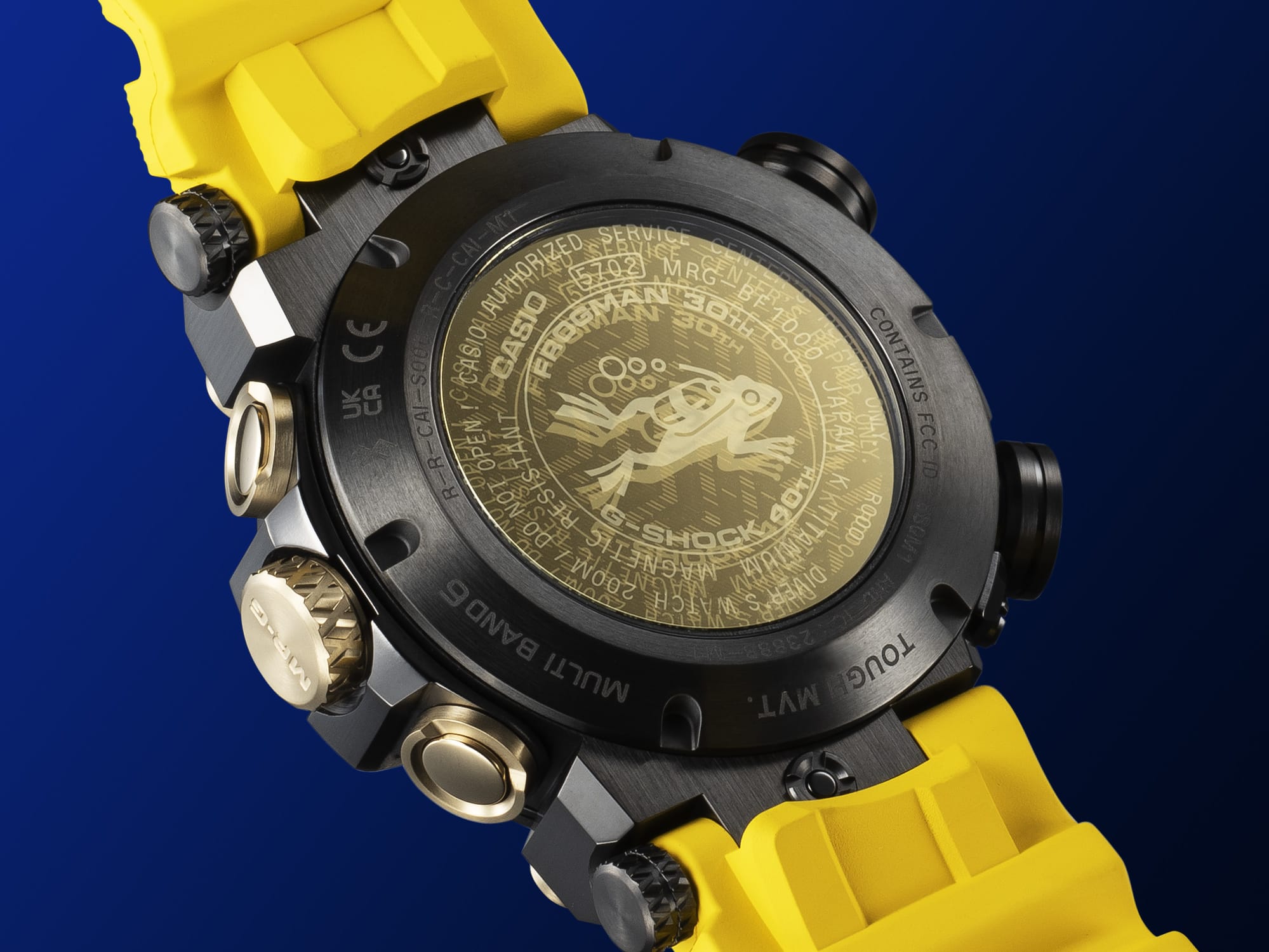 Gehäuserückseite der G-Shock MRG-BF1000E-1A9 Tauchuhr mit eingraviertem Frogman-Tauchfrosch 