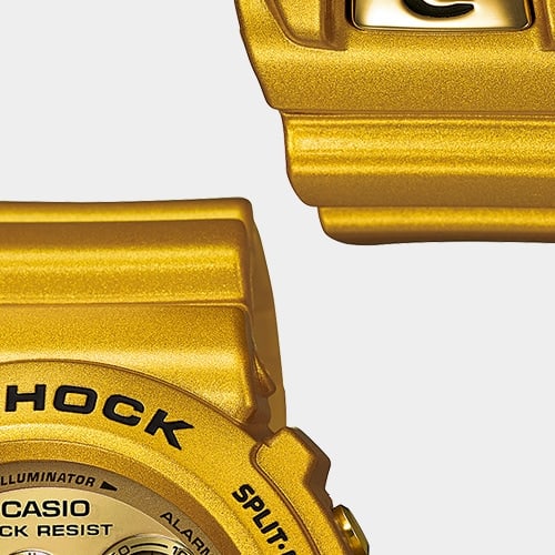 Nahaufnahme auf Gehäuse und Armband der Casio G-Shock DW-6900GD-9 mit durchgehend goldenem Finish