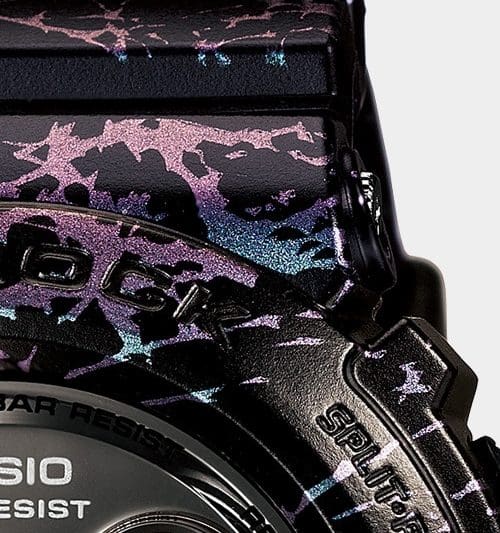 Detailaufnahme des schwarz-metallisch marmorierten Gehäuses der Casio G-Shock GD-X6900PM-1