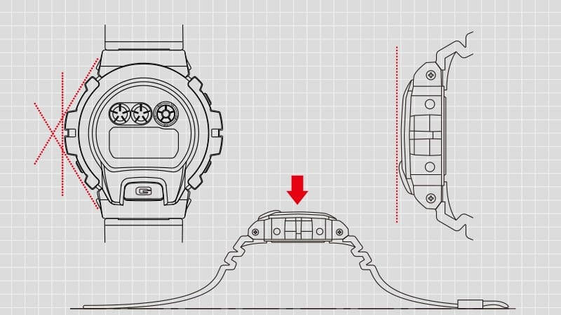 Konzeptzeichnung der Casio G-Shock DW-6900-1V Armbanduhr und ihrer mehrdirektionalen Abdeckung