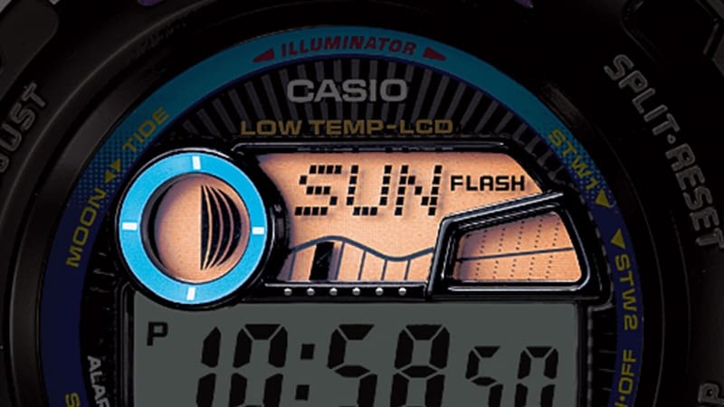 Nahaufnahme der Mondphasenanzeige der Casio G-Shock GLX-6900-1 Digitaluhr