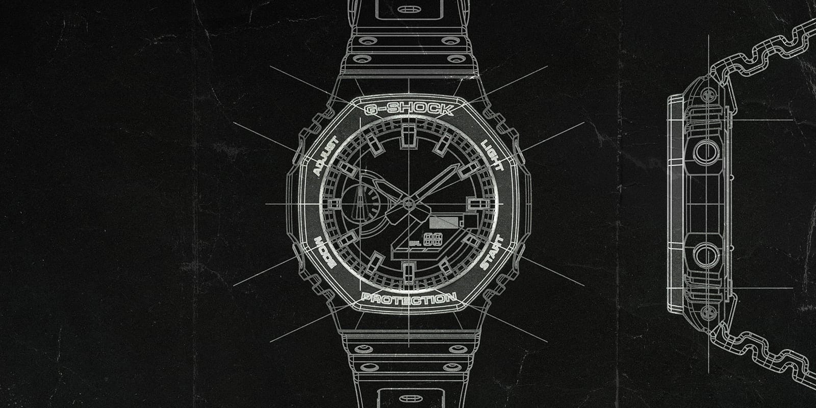 Konzeptzeichnung des Gehäuses der Casio G-Shock GA-2100 Armbanduhr einmal von vorne betrachtet, einmal seitlich
