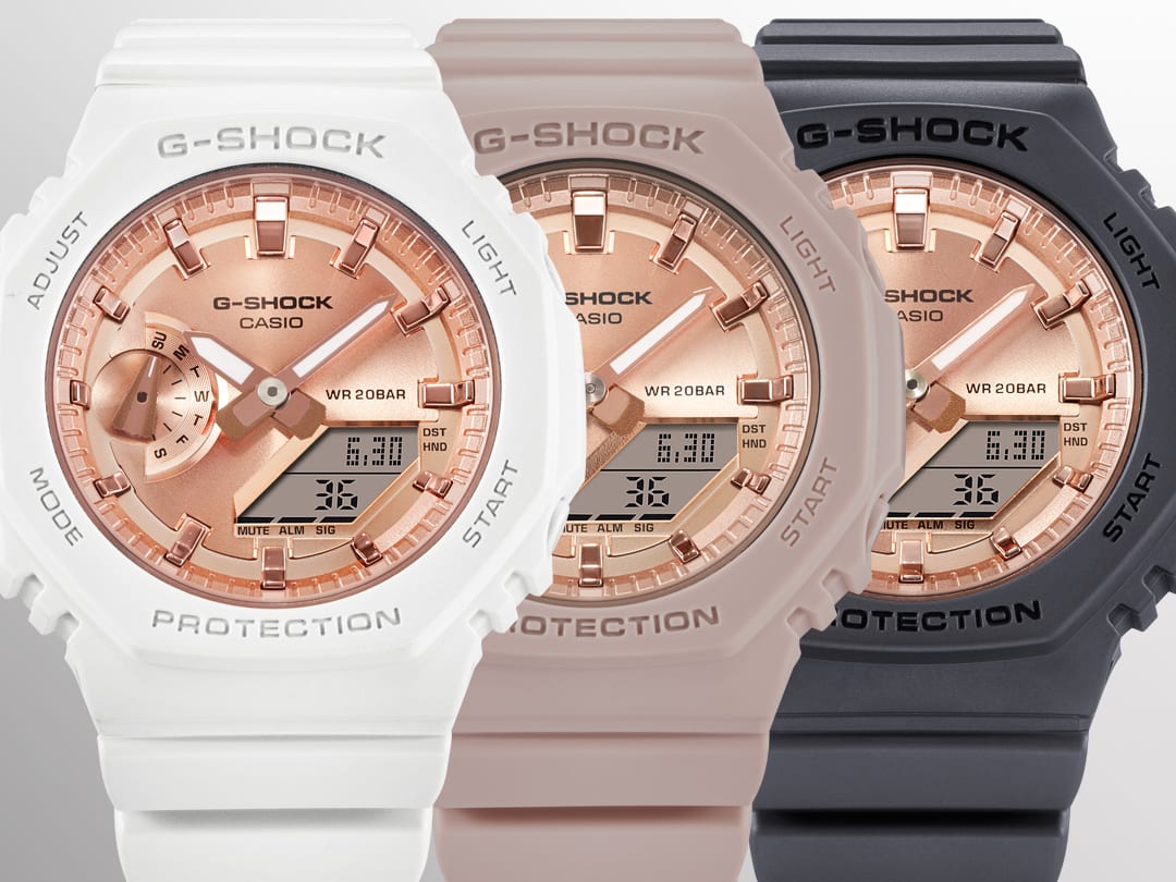 Die drei Farbvarianten der GMA-S-Armbanduhren: die GMA-S2100MD-7A mit weißem Armband, die GMA-S2100MD-4A mit rosanem Armband und die GMA-S2100MD-1A mit schwarzem Armband