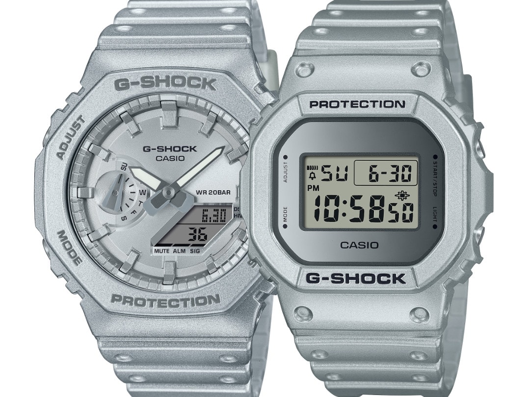 Die Forgotten-Future-Modelle GA-2100FF-8A und DW-5600FF-8 Die Casio G-Shock GA-2100FF-8A Hybrid-Armbanduhr neben der DW-5600FF-8 Digitaluhr