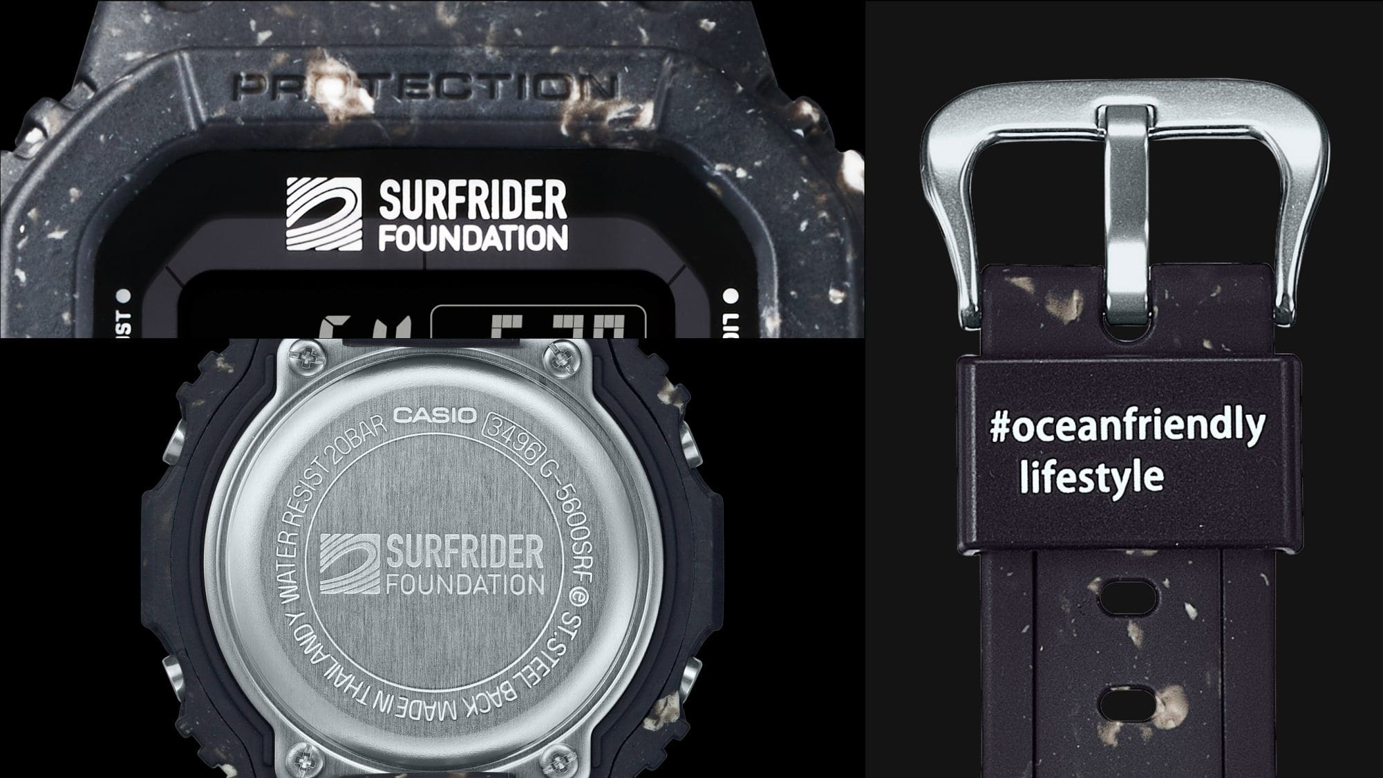 Links oben: Nahaufnahme von Logo und Schriftzug "Surfrider Foundation" auf dem Zifferblatt der G-5600SRF-1, links unten: Gehäuserückseite mit "Surfrider Foundation"-Gravur, rechts: Nahaufnahme der Armbandschließe und des #oceanfriendlylifestyle-Drucks auf dem Armband
