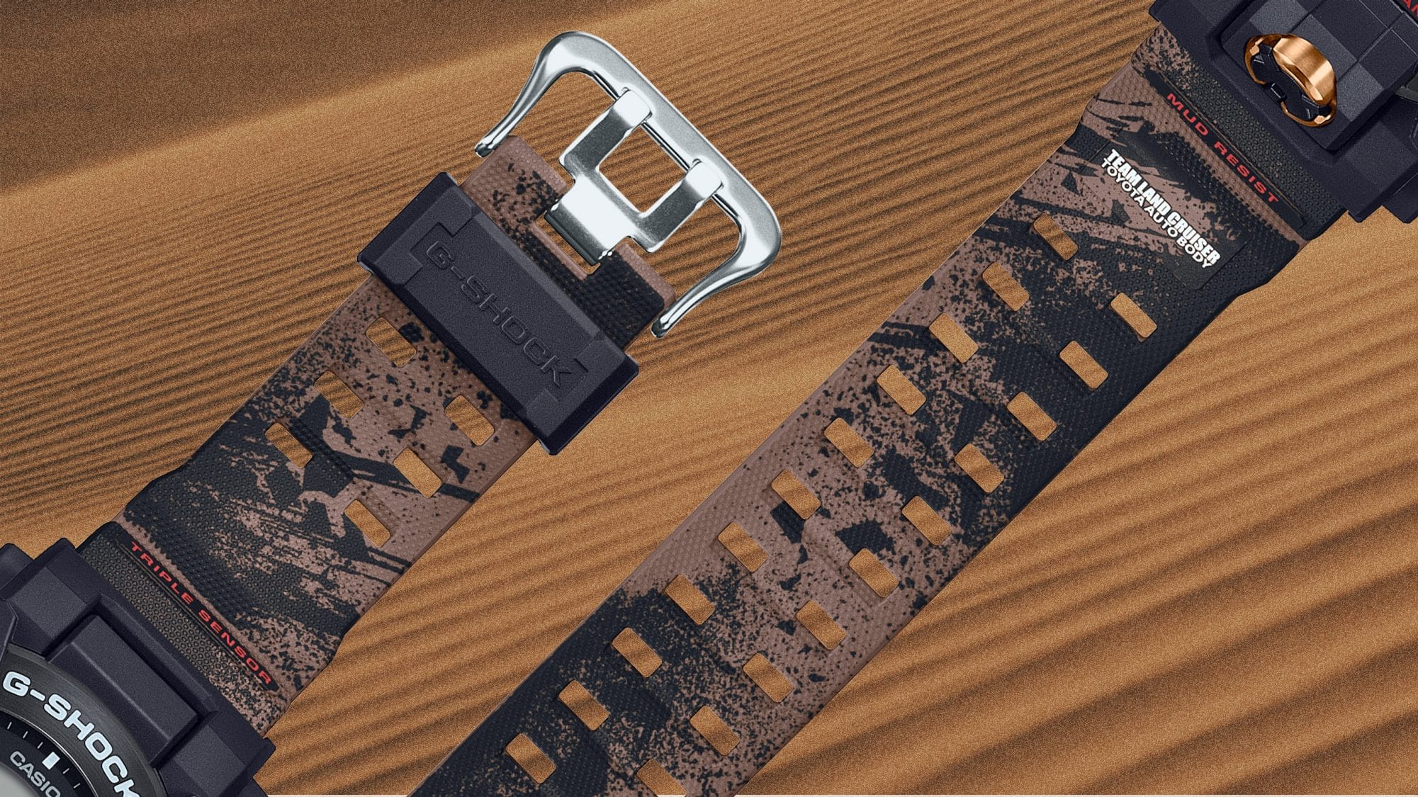 GW-9500TLC-1 Detailansicht des braunen Armbandes mit schwarzem Spritzmuster und der silberfarbenen Schließe