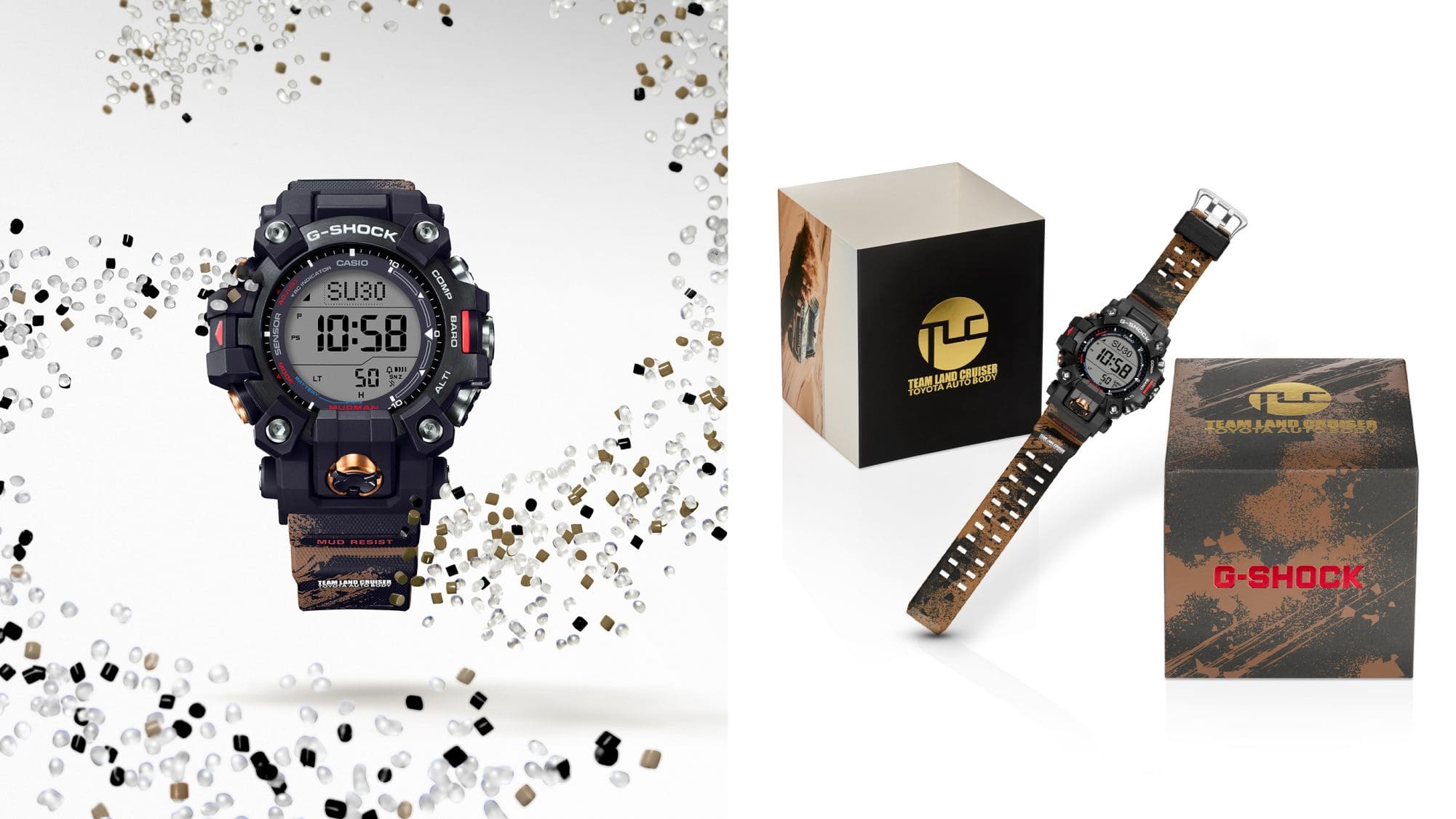 GW-9500TLC-1 Links: Die Master of G GW-9500TLC-1 umgeben von einem Wirbel aus schwarzem, braunem und durchsichtigem Resin-GranulatM rechts: Die Armbanduhr zwischen ihren Verpackungsboxen