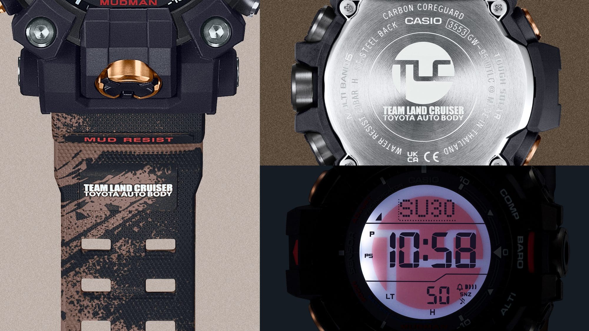 GW-9500TLC-1 Links: Nahaufnahme des Schriftzugs "Team Land Cruiser Toyota Auto Body" auf dem Armband der Motorsportuhr, oben rechts: Gehäuserückseite der Mudman GW-9500TLC-1, rechts unten: Das beleuchtete Display im Dunkeln
