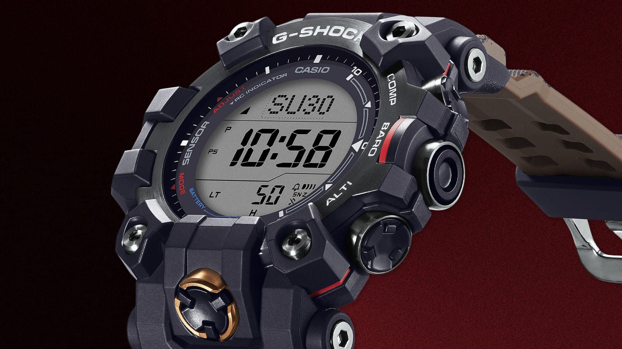 GW-9500TLC-1 Leicht seitlicher Blick auf Display und Gehäuse der schwarzen Casio G-Shock GW-9500TLC-1 Digitaluhr