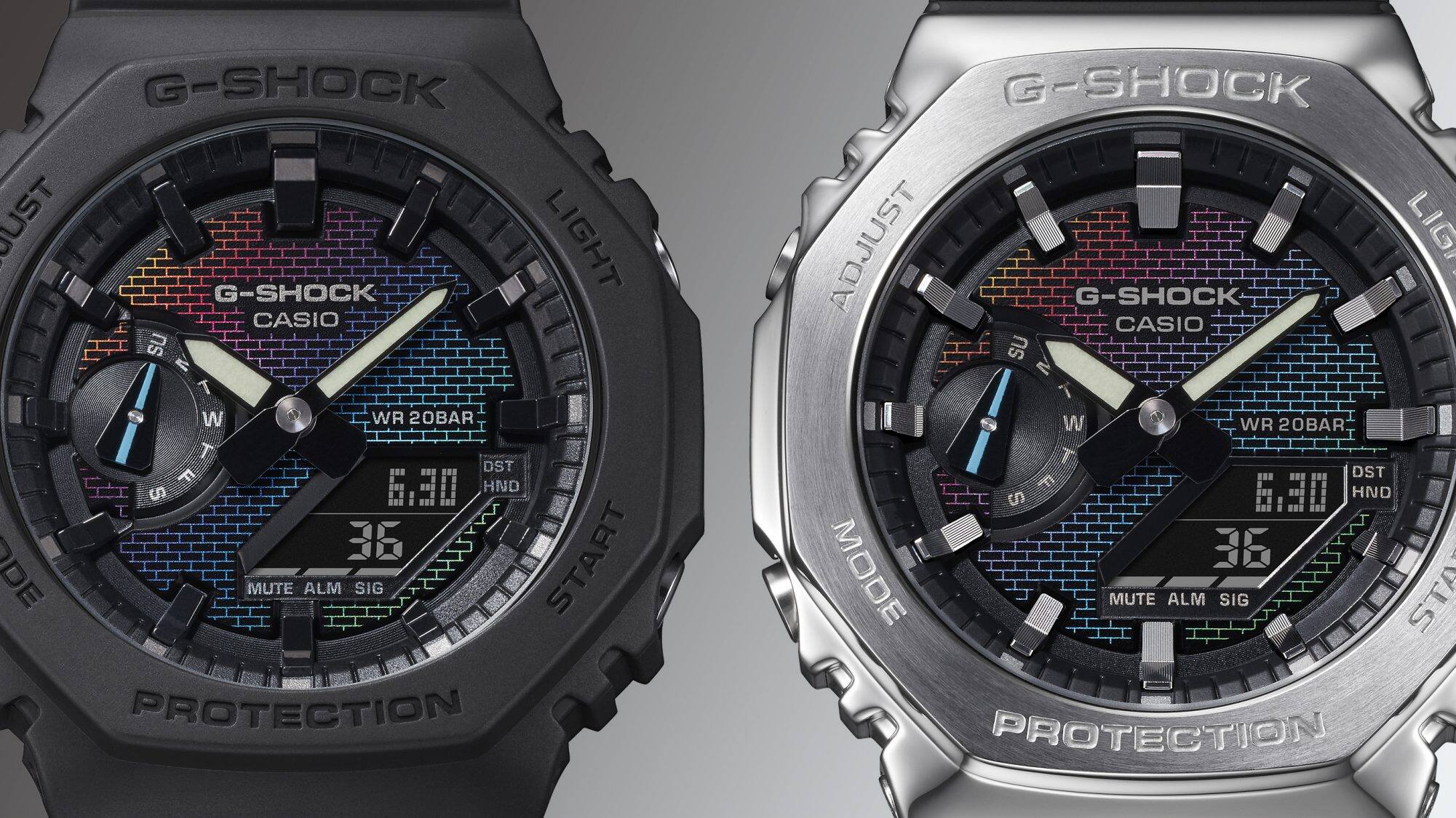 GA-2100RW-1A und GM-2100RW-1A Zwei Hybriduhren der Casio G-Shock GA-2100er-Serie: Die schwarze GA-2100RW-1A und die GM-2100RW-1A mit schwarzem Armband und silberfarbenem Gehäuse