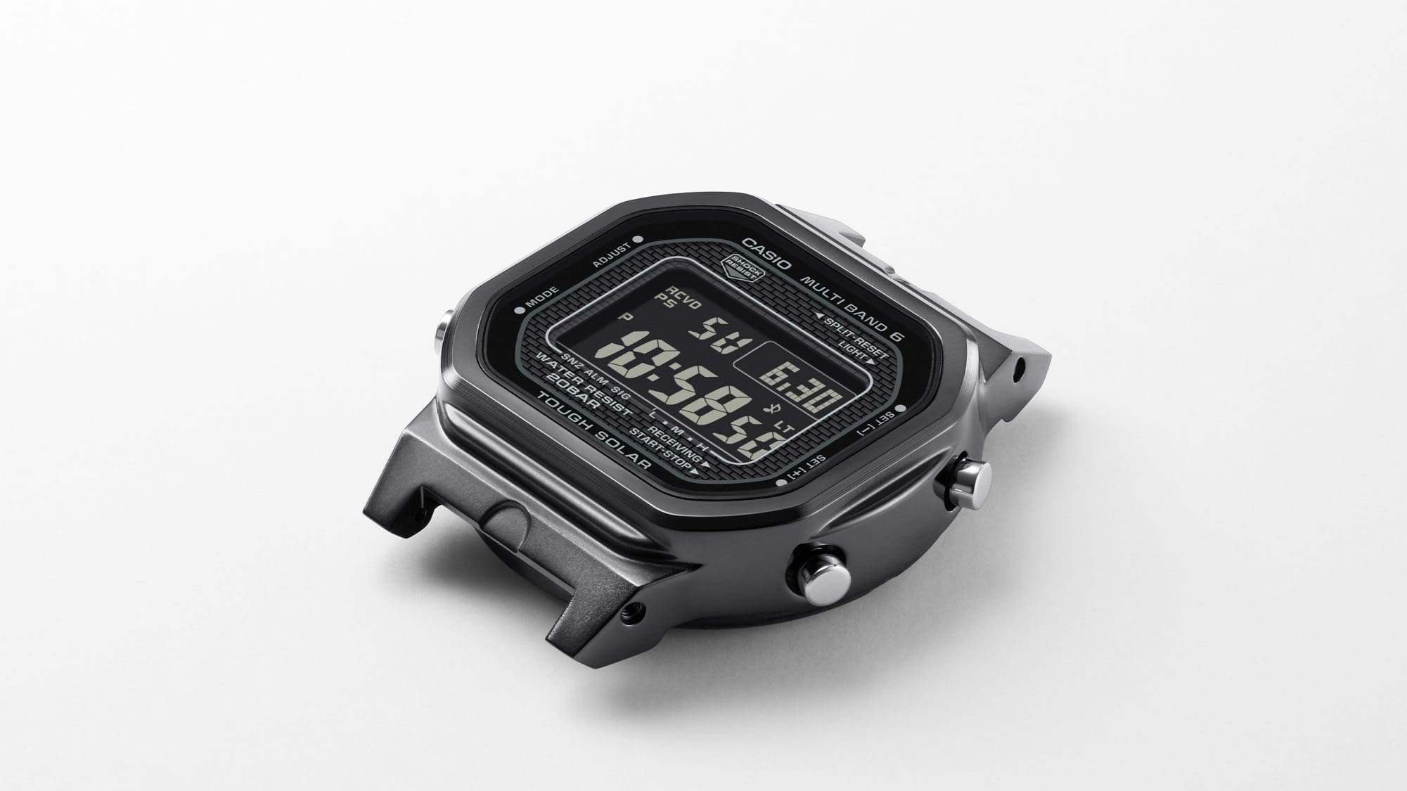 Metallgehäuse und verschraubter Gehäuseboden der schwarzen GW-5000 Digitaluhr