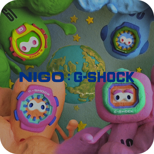 NIGO : G-SHOCK Die vier G-SHOCK Charaktere (Comicfiguren aus Knete) von NIGO, inspiriert von den G-SHOCK Uhren GA-2100, GA-110, DW-5600 und DW-6900 in grün, blau, orange und pink