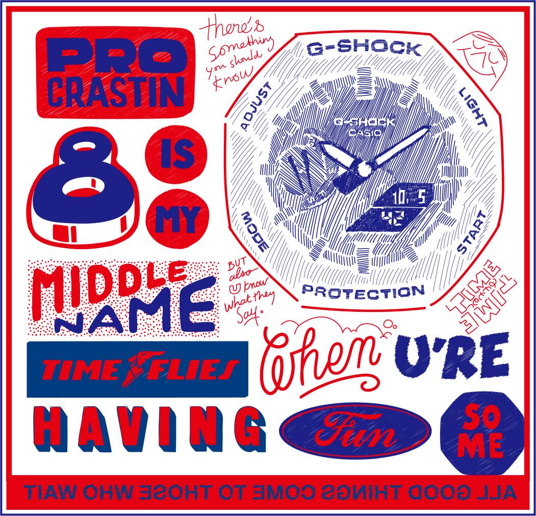 Grafisches Poster mit der Skizze eines G-Shock-Zifferblatts umgeben von Text-Lettering