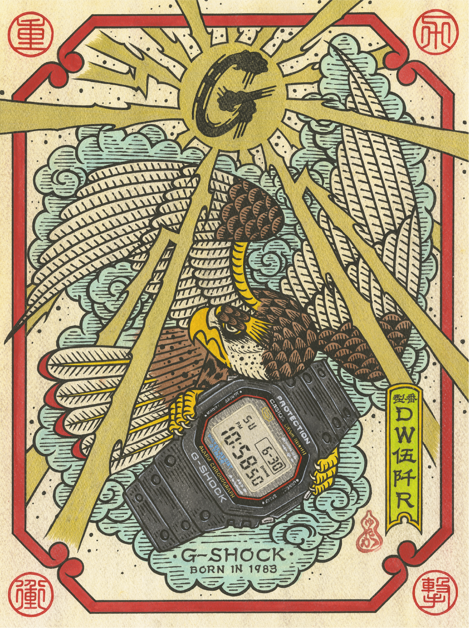 Illustration eines Falken, der die G-SHOCK DW-5000R-Uhr in seinen Krallen hält.
