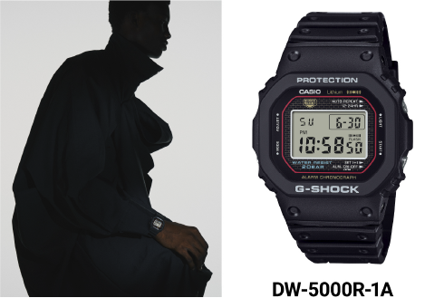 Links: Fashion Model Mattheiu, rechts: Nahaufnahme der G-Shock DW-5000R-1A. Das Bild verlinkt zur Produktseite.