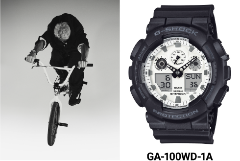 Links: BMX-Fahrer Rim Nakamura, rechts: Nahaufnahme der G-Shock GA-100WD-1A. Das Bild verlinkt zur Produktseite..
