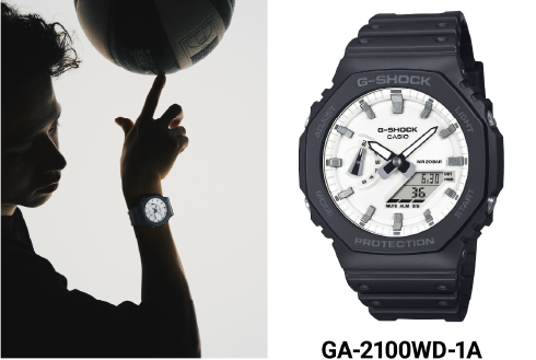 Links: Freestyle-Basketballspieler Kengo Maeda, rechts: Nahaufnahme der G-Shock GA-2100WD-1A. Das Bild verlinkt zur Produktseite.