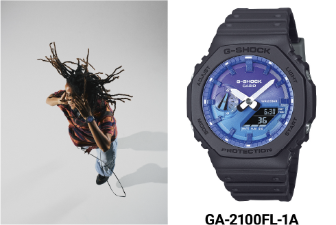 Links: DJ Samo, rechts: Nahaufnahme der G-Shock GA-2100FL-1A. Das Bild verlinkt zur Produktseite.