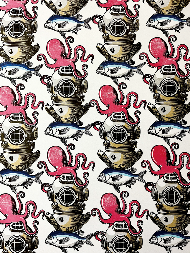 01 Grafik mit einem Muster aus Taucherhelmen aus dem 19. Jahrhundert, Fischen und Tintenfischen 