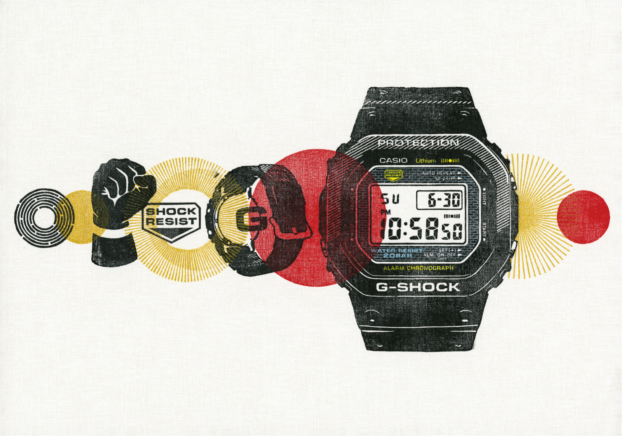 Grafik des Künstlers T-ZUAN mit der G-Shock DW-5000R Armbanduhr und Kreisen in rot und gelb.
