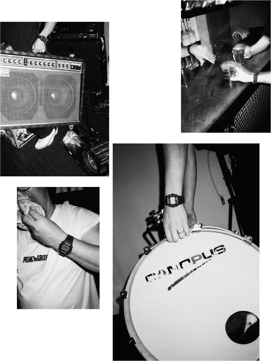 Bildergalerie von Yusuke Yamatani von Schlagzeug und Lautsprechern und verschiedenen Leuten, die CASIO G-SHOCKs tragen.