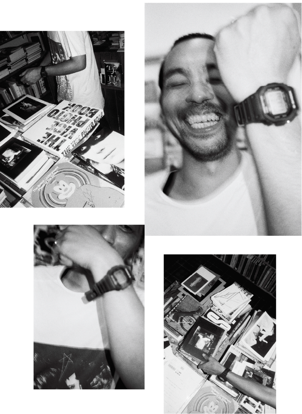 Bildergalerie von Yusuke Yamatani von verschiedenen Personen, die CASIO G-SHOCKs in einem Plattenladen tragen.