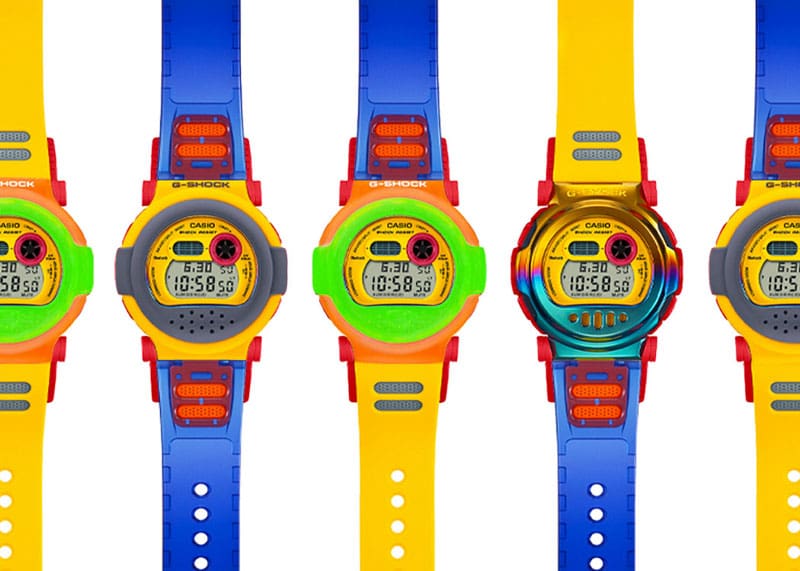 Fünf der 12 möglichen Designkombinationen der Casio G-Shock G-B001MVE Armbanduhr nebeneinander