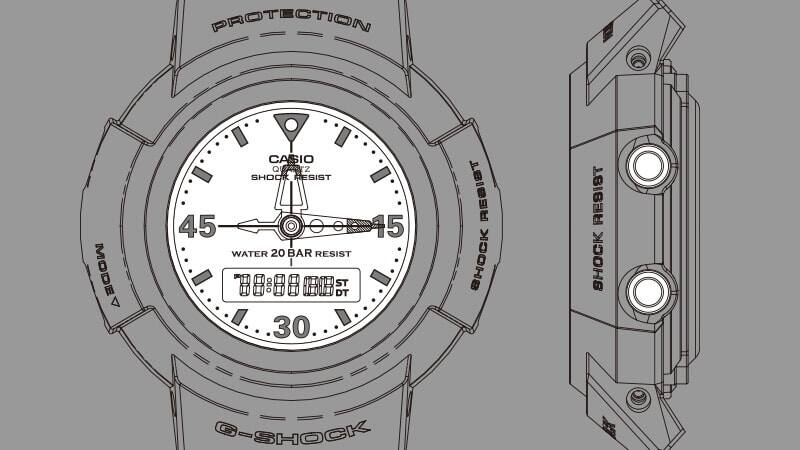 Links: Skizze eines AW-500-Serienmodels, das Zifferblatt ist in weiß hervorgehoben, rechts: Skizze der Gehäuseseite, die kreisrunden Bedienknöpfe sind weiß hevorgehoben