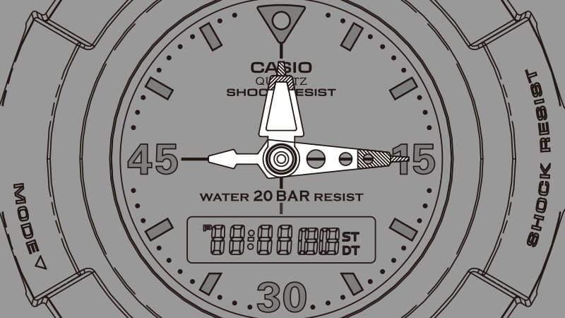 Skizze des Zifferblatts einer Casio G-Shock AW-500-Armbanduhr, die Zeiger sind in weiß hervorgehoben