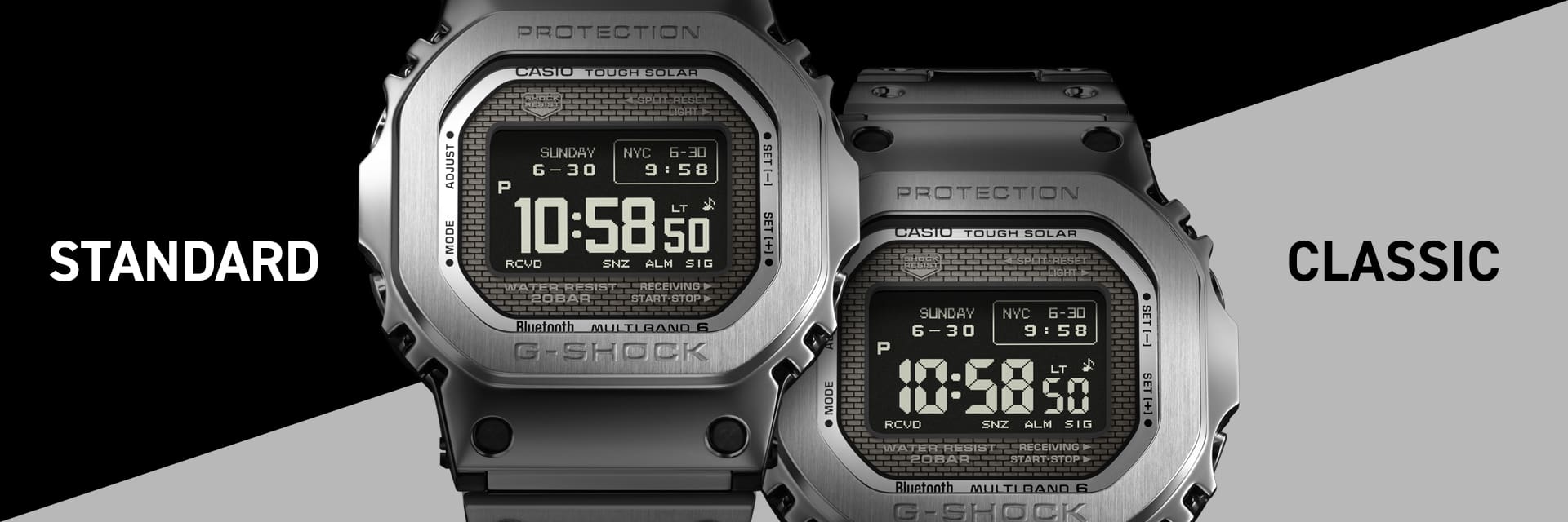 Zwei Displays der GMW-BZ5000 nebeneinander. Links mit der Standard-Anzeigeschrift, rechts mit der Classic-Anzeigeschrift