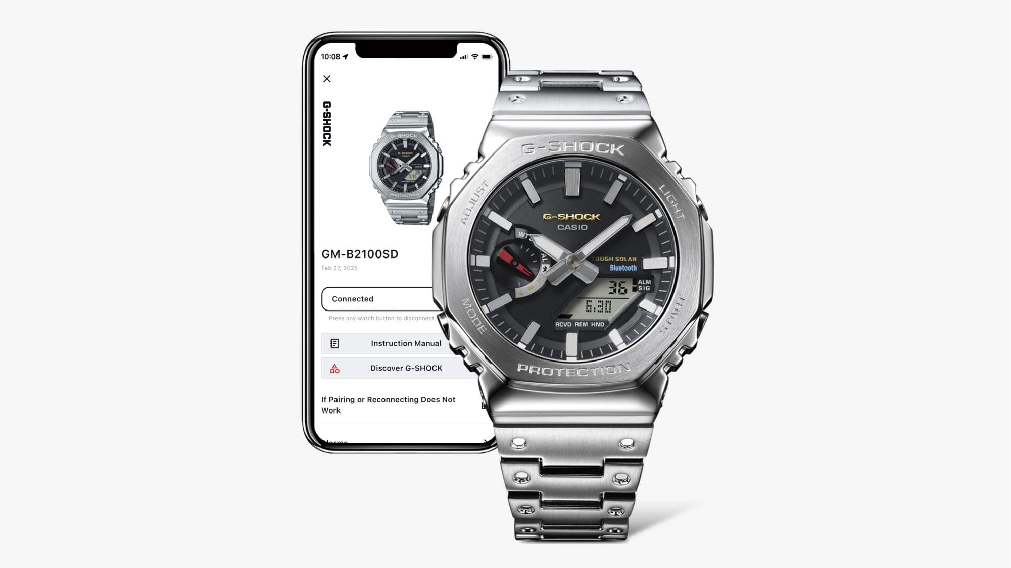 Solarbetriebene Zeitmessung mit Bluetooth®-Konnektivität und/oder Funksteuerung für bessere Genauigkeit und Zuverlässigkeit Bluetooth® und Funksteuerung GM-B2100SD: Bluetooth®