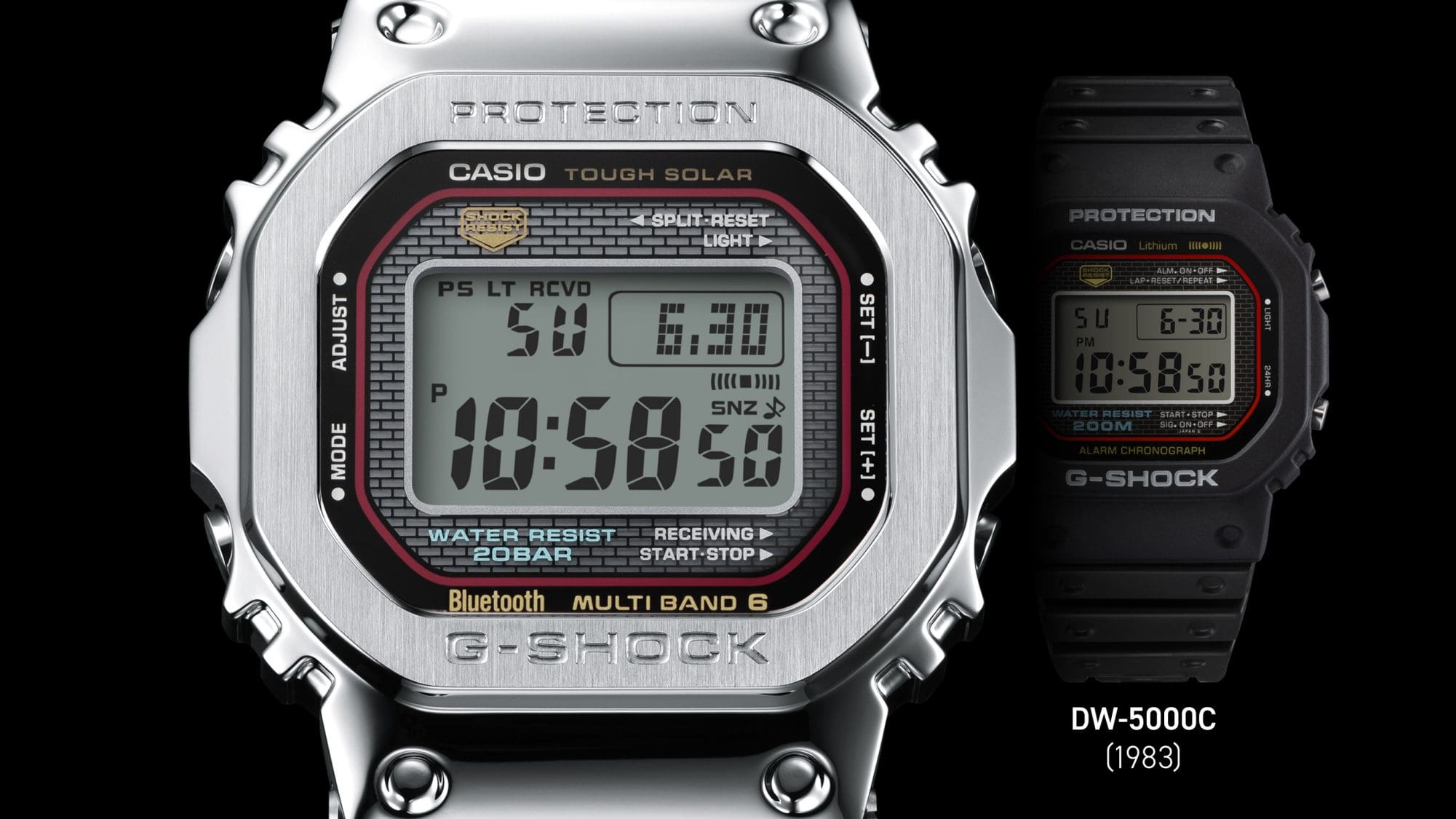 Die G-SHOCK Digitaluhr GMW-B5000D mit Metallband und Lünette neben der schwarzen DW-5000C Resin-Uhr.
