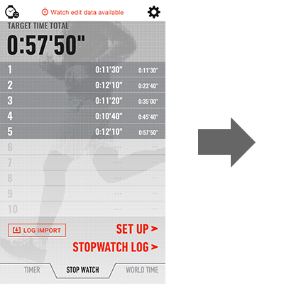 Menü der Stoppuhrmessdaten in der G-SHOCK Connected App