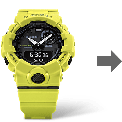 Die gelbe Casio G-Squad GBA-800-9A Laufuhr mit schwarzem Zifferblatt, rechts daneben weist ein grauer Pfeil nach rechts auf die folgenden Bilder.