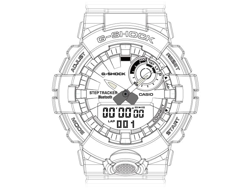 Skizze des Displays einer G-Squad GBD-800 Armbanduhr mit Stoppuhr-Anzeige