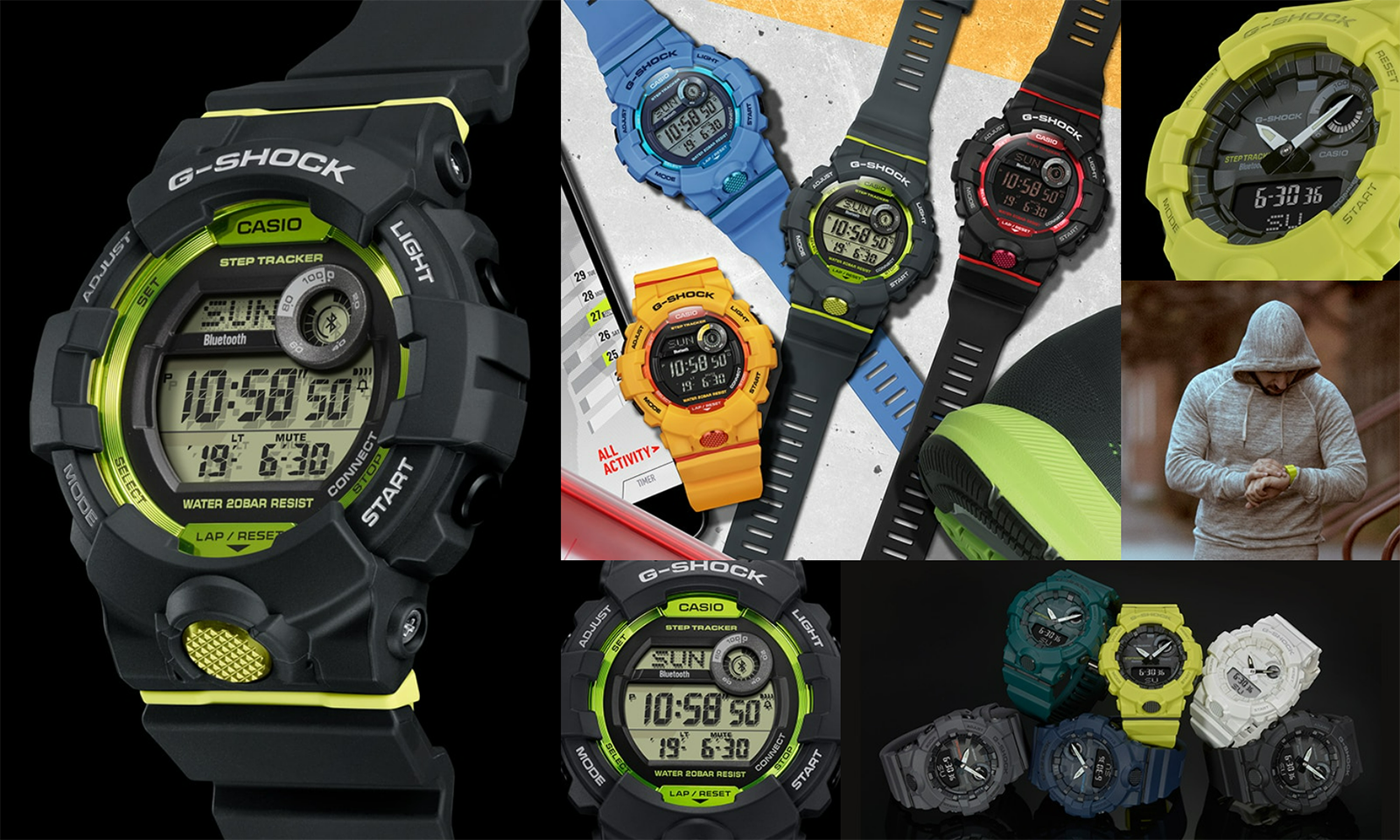 Collage aus sechs Bildern mit Modellen der Casio G-Squad GBA-800 Laufuhren, darunter Nahaufnahmen des Displays und Livestyle-Aufnahmen